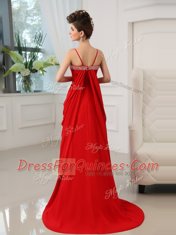 Fashionable Red Spaghetti Straps Zipper Beading and Ruching Prom Party Dress Brush Train Sleeveless