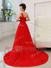 Top Selling One Shoulder Red Zipper Homecoming Dress Beading and Ruching Sleeveless Court Train