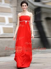Floor Length Zipper Prom Dresses Coral Red for Prom and Party with Beading and Ruching