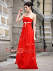 Floor Length Zipper Prom Dresses Coral Red for Prom and Party with Beading and Ruching