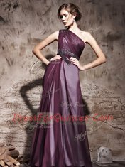 Classical One Shoulder Floor Length Purple Prom Dresses Satin Sleeveless Beading and Ruching