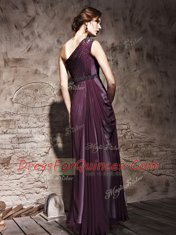 Classical One Shoulder Floor Length Purple Prom Dresses Satin Sleeveless Beading and Ruching