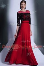 High Class Scoop Red And Black 3 4 Length Sleeve Floor Length Beading and Appliques Clasp Handle Homecoming Dress