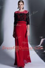 High Class Scoop Red And Black 3 4 Length Sleeve Floor Length Beading and Appliques Clasp Handle Homecoming Dress