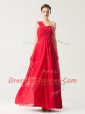 One Shoulder Red Zipper Prom Evening Gown Ruching Sleeveless Floor Length