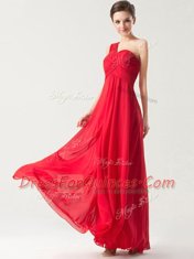 One Shoulder Red Zipper Prom Evening Gown Ruching Sleeveless Floor Length