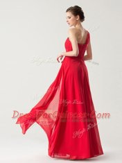 One Shoulder Red Zipper Prom Evening Gown Ruching Sleeveless Floor Length