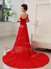 One Shoulder Red Column/Sheath Beading and Ruching Homecoming Dress Zipper Chiffon Sleeveless With Train