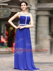 Modest Sleeveless Floor Length Beading Zipper Prom Gown with Royal Blue