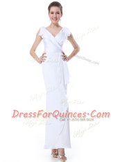 Cap Sleeves Chiffon Floor Length Zipper Homecoming Dress in White with Ruffles