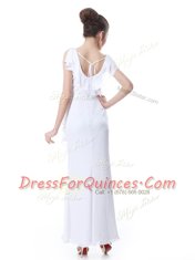 Cap Sleeves Chiffon Floor Length Zipper Homecoming Dress in White with Ruffles