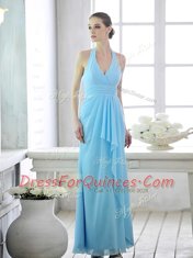 Flirting Baby Blue Halter Top Lace Up Ruffles and Ruching Prom Party Dress Sleeveless