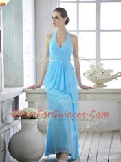 Flirting Baby Blue Halter Top Lace Up Ruffles and Ruching Prom Party Dress Sleeveless