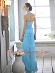 Flirting Baby Blue Halter Top Lace Up Ruffles and Ruching Prom Party Dress Sleeveless