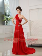 Satin One Shoulder Sleeveless Court Train Zipper Beading and Hand Made Flower Dress for Prom in Red