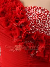 Satin One Shoulder Sleeveless Court Train Zipper Beading and Hand Made Flower Dress for Prom in Red