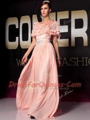 Baby Pink Short Sleeves Chiffon Side Zipper Prom Dresses for Prom and Party