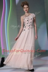 Floor Length Baby Pink Homecoming Dress One Shoulder Cap Sleeves Side Zipper
