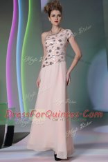 Floor Length Baby Pink Homecoming Dress One Shoulder Cap Sleeves Side Zipper