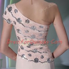 Floor Length Baby Pink Homecoming Dress One Shoulder Cap Sleeves Side Zipper