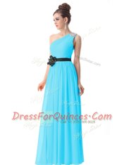 Deluxe One Shoulder Blue Chiffon Side Zipper Prom Evening Gown Sleeveless Floor Length Beading and Ruching and Belt
