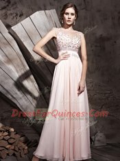 Custom Fit Pink Column/Sheath Chiffon Scoop Sleeveless Beading Floor Length Side Zipper Evening Dress