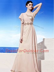Exquisite Chiffon One Shoulder Sleeveless Side Zipper Sequins and Ruching in Peach