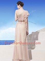 Exquisite Chiffon One Shoulder Sleeveless Side Zipper Sequins and Ruching in Peach