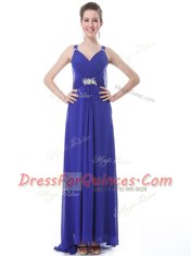 Popular Blue Column/Sheath Chiffon Straps Sleeveless Beading and Ruching With Train Side Zipper Prom Evening Gown Brush Train