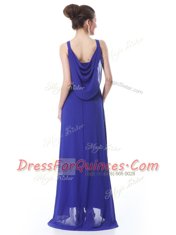 Popular Blue Column/Sheath Chiffon Straps Sleeveless Beading and Ruching With Train Side Zipper Prom Evening Gown Brush Train