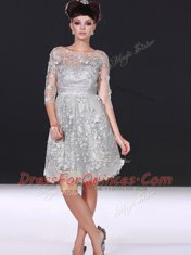 Silver A-line Bateau 3 4 Length Sleeve Chiffon Knee Length Zipper Beading and Lace Homecoming Dress