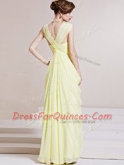 Light Yellow V-neck Criss Cross Ruching Evening Dress Sleeveless