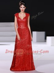 Red V-neck Neckline Sequins Prom Gown Sleeveless Zipper