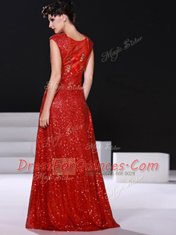 Red V-neck Neckline Sequins Prom Gown Sleeveless Zipper