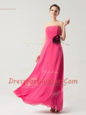 Latest Strapless Sleeveless Prom Evening Gown Floor Length Hand Made Flower Hot Pink Chiffon