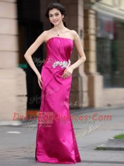 Simple Hot Pink Strapless Zipper Beading Prom Evening Gown Sleeveless