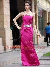 Simple Hot Pink Strapless Zipper Beading Prom Evening Gown Sleeveless