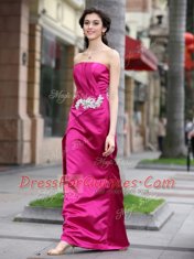 Simple Hot Pink Strapless Zipper Beading Prom Evening Gown Sleeveless