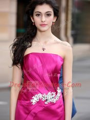 Simple Hot Pink Strapless Zipper Beading Prom Evening Gown Sleeveless