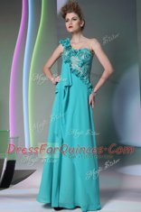 Most Popular One Shoulder Teal Column/Sheath Lace and Hand Made Flower Prom Dresses Side Zipper Chiffon Sleeveless Floor Length