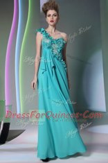 Most Popular One Shoulder Teal Column/Sheath Lace and Hand Made Flower Prom Dresses Side Zipper Chiffon Sleeveless Floor Length