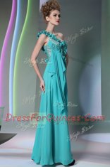 Most Popular One Shoulder Teal Column/Sheath Lace and Hand Made Flower Prom Dresses Side Zipper Chiffon Sleeveless Floor Length