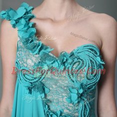 Most Popular One Shoulder Teal Column/Sheath Lace and Hand Made Flower Prom Dresses Side Zipper Chiffon Sleeveless Floor Length