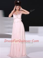Baby Pink Column/Sheath V-neck Sleeveless Chiffon Floor Length Zipper Beading Prom Gown