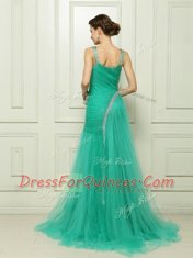 Turquoise Prom Dress Prom and Party and For with Beading and Ruching Straps Sleeveless Brush Train Side Zipper
