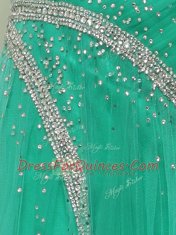 Turquoise Prom Dress Prom and Party and For with Beading and Ruching Straps Sleeveless Brush Train Side Zipper