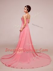 Super Chiffon Sleeveless Floor Length Prom Evening Gown and Beading and Ruching
