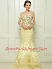 Fashionable Mermaid Light Yellow Sleeveless Brush Train Beading and Hand Made Flower With Train Prom Evening Gown