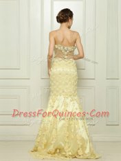 Fashionable Mermaid Light Yellow Sleeveless Brush Train Beading and Hand Made Flower With Train Prom Evening Gown