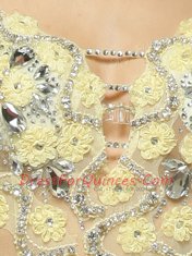 Fashionable Mermaid Light Yellow Sleeveless Brush Train Beading and Hand Made Flower With Train Prom Evening Gown